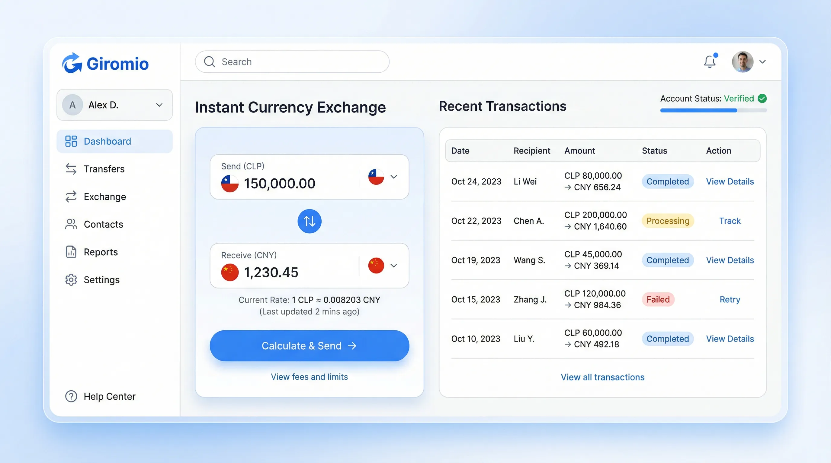 Giromio remittance dashboard