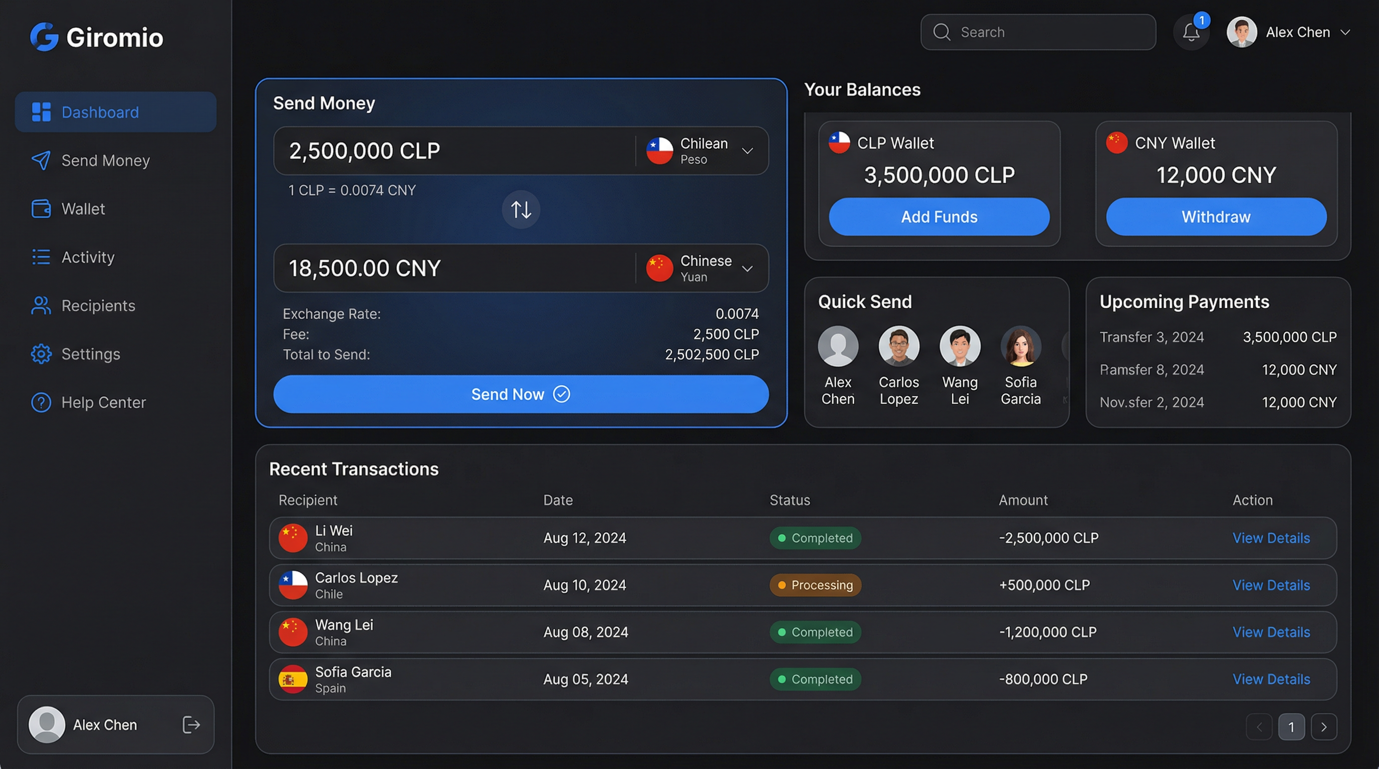 Giromio remittance dashboard