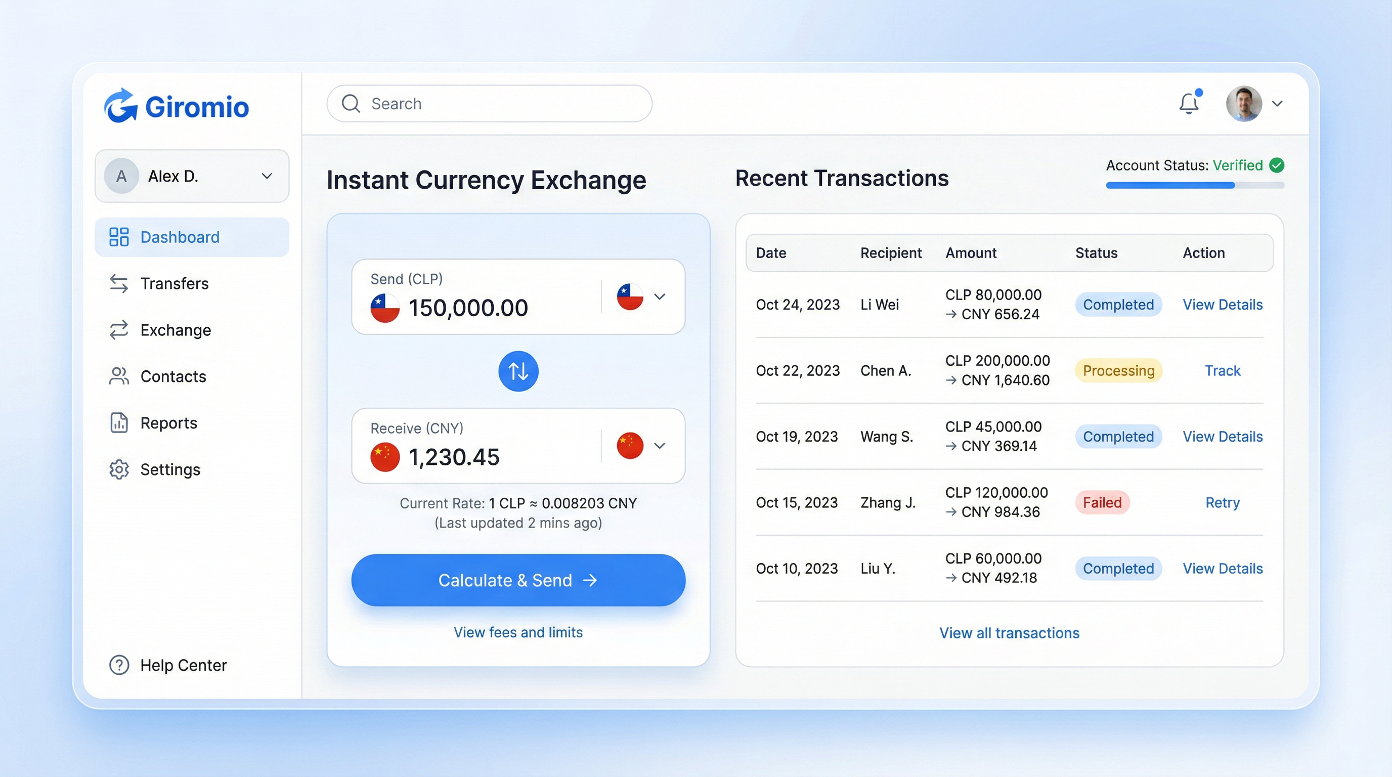 Giromio remittance dashboard